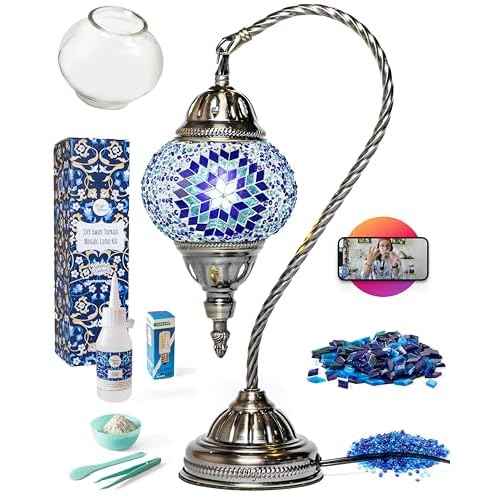 KRAFTSTORIES Turkish Mosaic Swan Neck Lamp Making Kit| DIY Colorful Glass Decorative Nightstand Table Light| Craft Kit |Make Your Own Lamp | Living Room Bedroom | Antique Bronze Base (Blue)