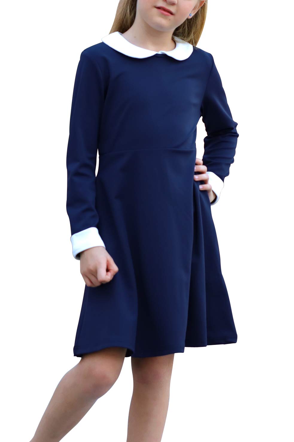 GORLYA Girl's Long Sleeve Casual Vintage Peter Pan Collar Fit and Flare Skater Party Dress with Pockets (GOR1006, 7-8Y, Navy)