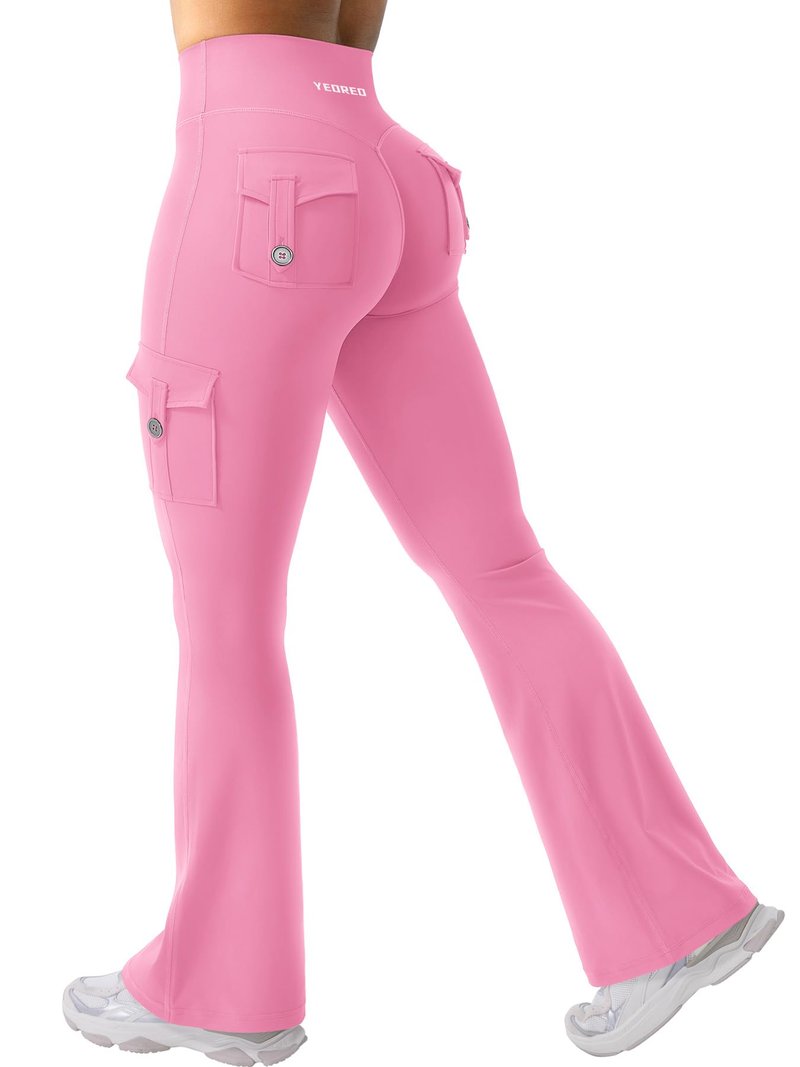 YEOREO CoreFlex Women Workout Flare Leggings with Pockets Hidden Scrunch High Waisted Cargo Gym Yoga No Front Seam Leggings Pink M