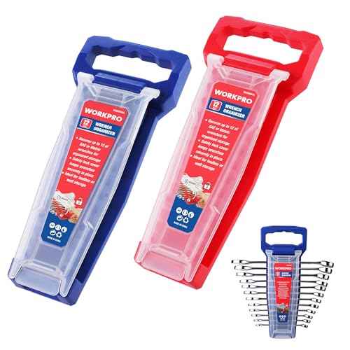WORKPRO 2-Piece Wrench Organizer, 24-Slot Plastic Holder Set With Lock Cover, Metric & SAE Compatibility (Up To 19mm or 7/8), Premium Quality Rack Tool Trays With Carrying Handle