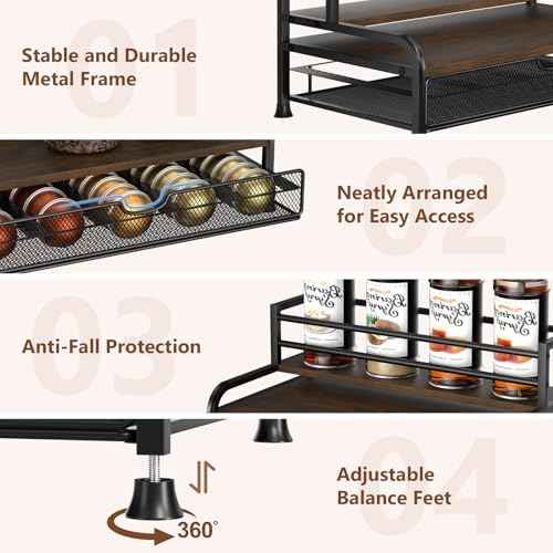 Coffee Syrup Rack Organizer, 3-Tier 8 Bottles Syrup Rack with Pod Holder Drawer for Nespresso Pods, Holds up to 30 Big or 40 Small Capsules, Countertop Coffee Bar Organizer for Kitchen Cafe