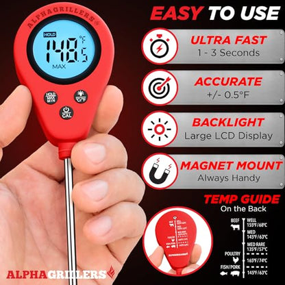 Alpha Grillers Instant Read Meat Thermometer Digital Food Thermometer for Cooking Grilling Bread Baking Liquids and Air Fryer with Temperature Guide, Long Probe and Large Backlit Display