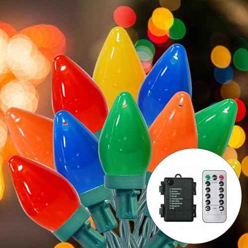 100LED C7 Christmas Lights Battery Operated Outdoor with 8 Mode Remote Control, 2 Sets 27.5FT 50 Twinkle Big Christmas Lights for Colored Xmas Tree, Home Garden Patio Decorations