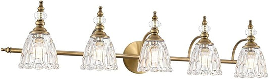 5 Lights Brass Gold Bathroom Light Fixtures, Antique Vanity Light with Flower Glass Shade, Bathroom Vanity Light Over Mirror, Farmhouse Sconces Wall Lighting for Hallway Livingroom Bedroom