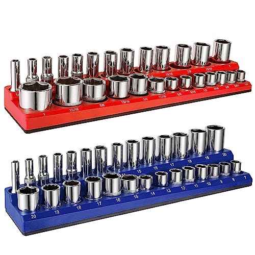 ALOANES 54-Slot Magnetic Socket Organizer - 2PC Holder Kit, Premium Tray Holders for Standard & Deep Metric Sockets, Heavy Duty 3/8-inch Drive Tool Organizer (Red & Blue)