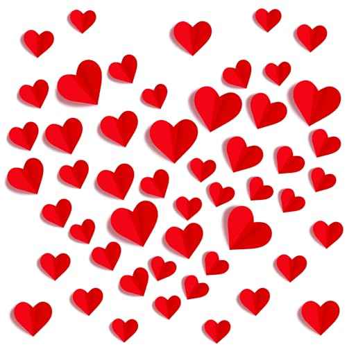 120 Pcs 3D Heart Wall Stickers Valentines Day Wall Decorations Waterproof Red Heart Walls Decals Love Hearts PVC Walls Stickers Decal for Wedding Anniversary Party Bedroom Home School Office Decor