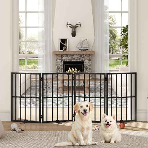 Dog Gate Indoor, Freestanding Foldable Pet Gate for The House, Doorway, Stairs, 64.6" W x 23.6" H Metal Step Over Fence with Support Feet, 4-Panel Pet Puppy Safety Fence, Black DGBK6101