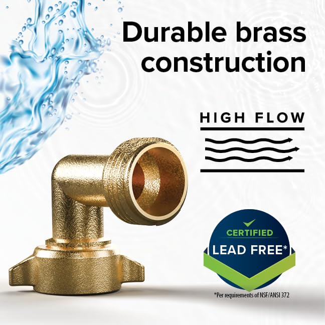 Camco 90-Degree Hose Elbow For RVs — Solid Brass Construction— Certified Lead-Free — Features Convenient Easy Grip Connector — For RV Water Hoses, Residential Outdoor Faucets, & More — 2-Pack (22507)