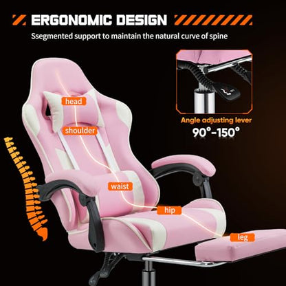 DUMOS Ergonomic Gaming Desk Chair - PU Leather Recliner with Footrest, Lumbar Support, Headrest, Fixed Armrests, Height Adjustable, 360° Swivel, Pink, for Adults