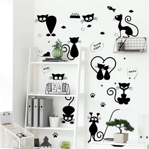 Cute Black Kittens Wall Stickers, sacinora Cat Paw Print Star Cloud DIY Wall Decals Removable Vinyl Peel and Stick for Bedroom Nursery Study Room Playroom Furniture Step Art Home Decorations