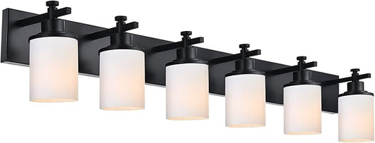 MELUCEE 6 Light Vanity Lighting Fixtures, Matte Black Bathroom Vanity Light with Milky White Glass Shade, Industrial Wall Sconce Lighting for Bath Dressing Room Living Room Hallway