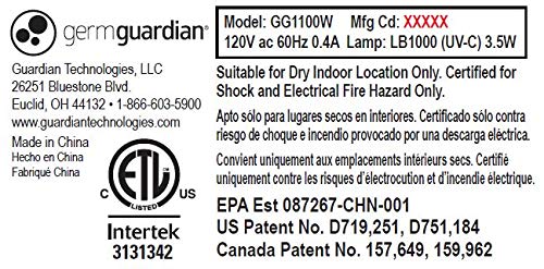 Germ Guardian GG1100W 7” Pluggable Small Air Purifier, Small Room Wall Air Sanitizer, Freshens Air, UV-C Light Kills Germs, Reduces Odors from Pets, Cooking, Mold, GermGuardian, 1-Yr Wty (White)