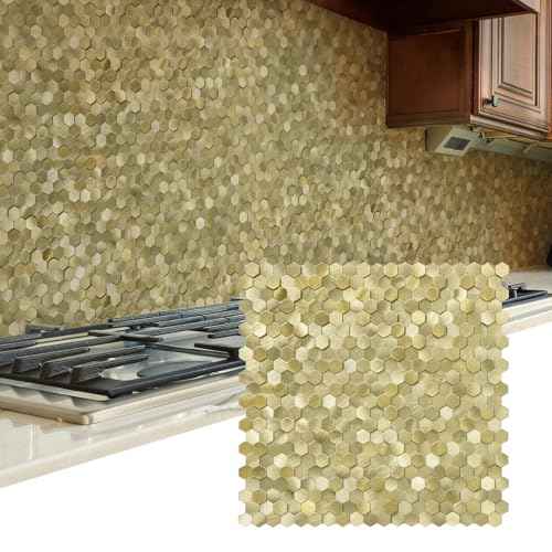 STICKGOO Peel and Stick Backsplash Tiles, Stick on Mosaic Self Adhesive Tiles, 3D Hexagon Backsplash for Kitchen Bathroom Fireplace Vanity (8PCS, Gold)