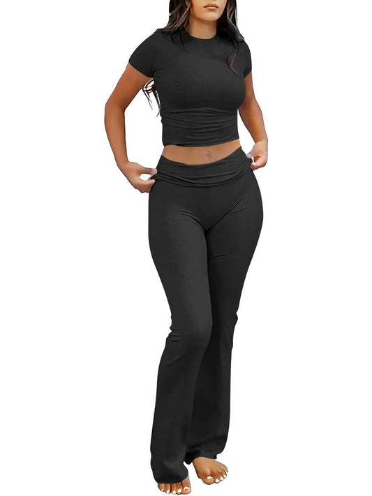 ANRABESS Lounge Sets for Women 2 Piece Foldover Yoga Flare Leggings Pants Crop Tops Casual Y2K Outfits Matching Tracksuit Set Black Medium