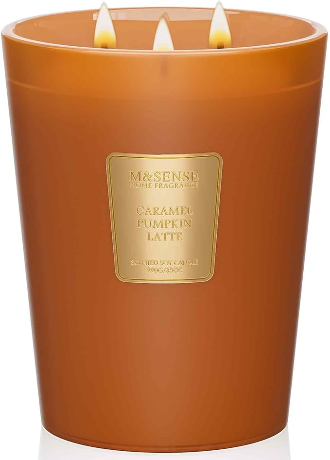 M&SENSE Large Candles Caramel Pumpkin Latte Scented, 3 Wick Natural Soy Candles for Home Scented, 150H Long Lasting Slow Burn Jar 35oz, Home Fragrance Halloween Thanksgiving Christmas Gifts