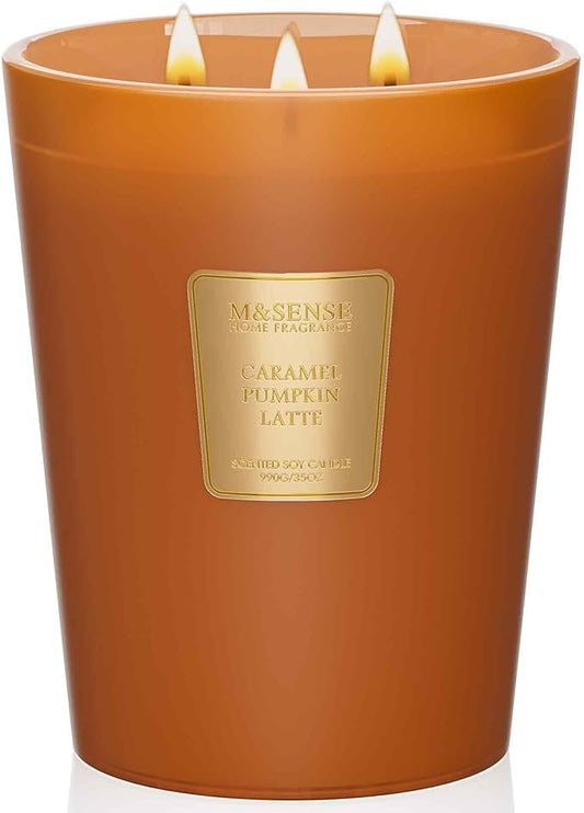 M&SENSE Large Candles Caramel Pumpkin Latte Scented, 3 Wick Natural Soy Candles for Home Scented, 150H Long Lasting Slow Burn Jar 35oz, Home Fragrance Halloween Thanksgiving Christmas Gifts
