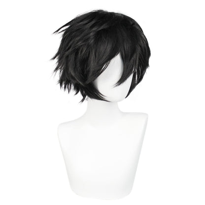 ANOGOL Hair Cap+ Short Black Wig for Men Short Black Men's Wigs for Cosplay Black Anime Cosplay Wig Layered Black Party Wigs with Bangs for Halloween Costume Christmas Peluca Negra Synthetic Hair