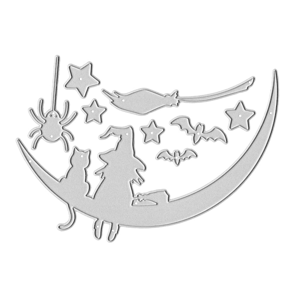 Metal Halloween Die Cuts Moon Cat Spider Star Witch Cutting Dies Embossing Stencil Template for Card Making Scrapbooking Paper Craft Album Stamps DIY Halloween Décor