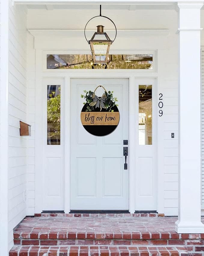 Bless Our Home Front Door Sign Funny Wreaths Hanging Wooden Plaque Decoration Round Rustic Wood Farmhouse Porch Decor for Home Front Door Decor, 11 x 11 Inch