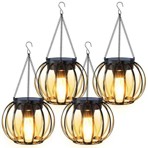 Solar Lanterns Outdoor Waterproof 4 Pack, Upgraded Metal Hanging Solar Lights for Outside with Auto On/Off & Hook - Brighter Hanging Outdoor Lanterns Decorative Lighting for Garden Patio Yard