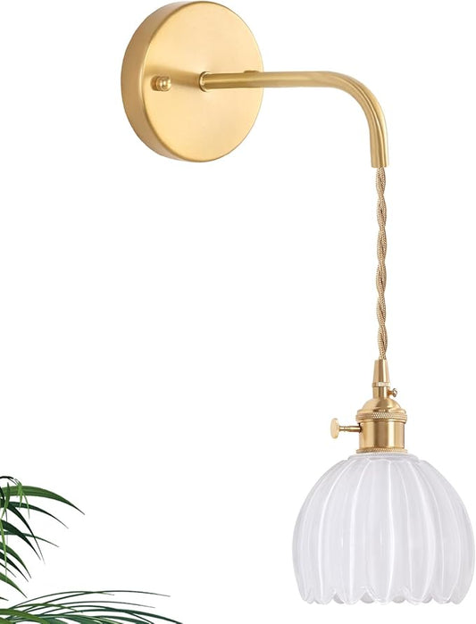 Vintage Wall Sconce with White Tulip Shade Pattern Glass Adjustable Chain Retro Gold Wall Mounted Light, Modern Wall Lamp Fixtures Decor for Bedside Bedroom Indoor Doorway