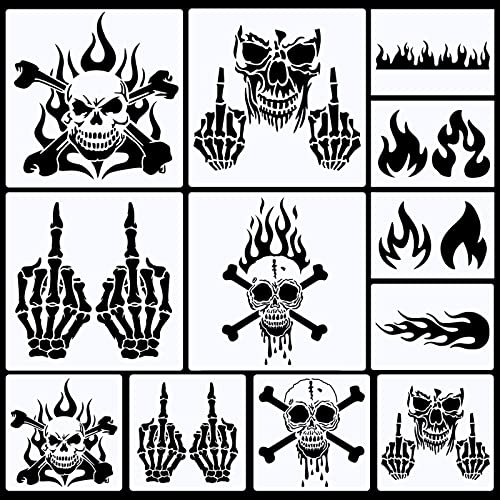12 Pieces Skull Stencil Flame Stencil Fire Skull Stencils for Airbrushing Reusable Airbrush Flame Template Painting Decor Laser Cut Reusable Templates for Auto Motorcycle Cloth Wall Art Decor