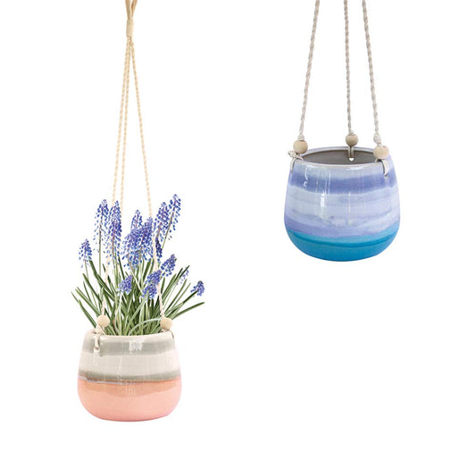 23 Bees Ceramic Hanging Planter, Pink White Succulent Pots, Round Plant Holder Container, Cactus Pot with Cotton Rope Hanger, Indoor Outdoor Decor, (1 Pack x Pink Horizon)