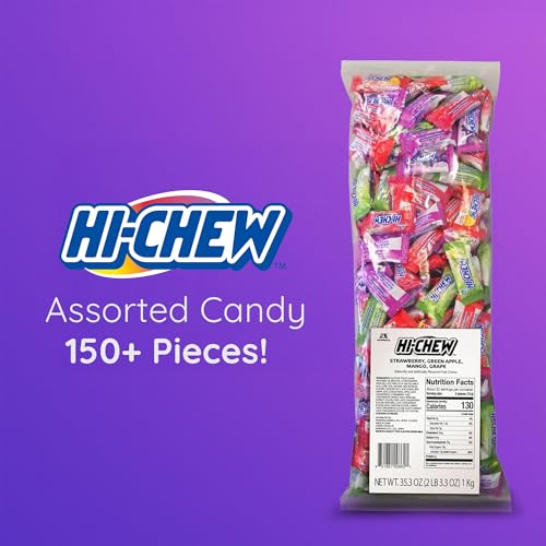 HI-CHEW Assorted Bulk Candy Bag, Green Apple Strawberry Mango Grape, Soft & Chewy Candy 2.2lb - 185+ Pieces Individually Wrapped - Made with Immensely Juicy Fruity Flavors