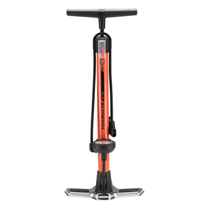 Schwinn Air Center Plus Floor Pump, For Mountain, Cruiser and Electric Bikes, 120 PSI, Soft Grip Handle, with Sports Ball Needle and Dual Head for Schrader and Presta Valves, Manual Air Pump