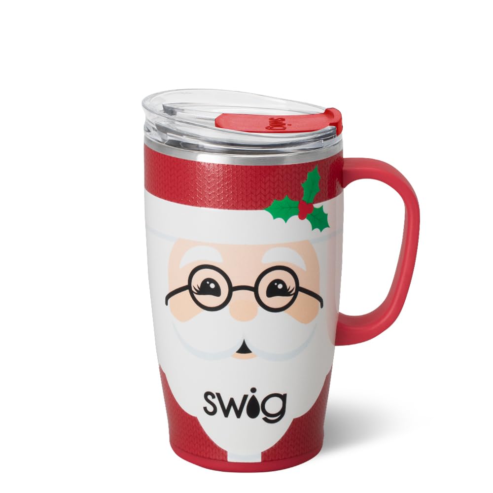 Swig Life 18oz Travel Mug, Insulated Tumbler with Handle and Lid, Travel Coffee Mug, Cup Holder Friendly, Stainless Steel 18 oz Tumbler, Reusable Insulated with Lid (Mr Claus)