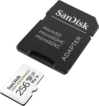 SanDisk 256GB High Endurance microSDXC card for IP cams & dash cams + SD adapter up to 20,000 Hours Full HD / 4K videos up to 100 MB/s UHS-I Class 10 U3 V30