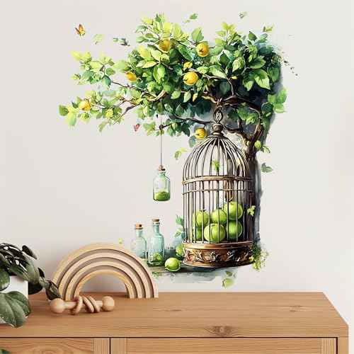 Lemon Tree Birdcage Wall Stickers, sacinora Watercolor Fruit Green Plants Wall Decals Removable Vinyl Peel and Stick for Living Room Bedroom Classroom Study Room Art Home Decorations
