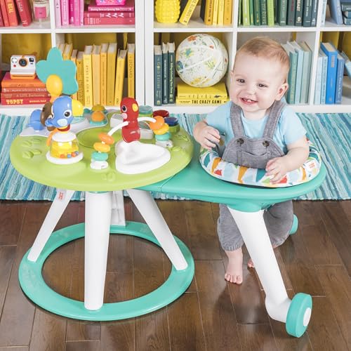 Bright Starts, Around We Go 2-in-1 Walk-Around Activity Centre and Play Table - Tropic Cool, Walker with Music, Lights and Interactive Toys, Removable Seat, Ages 6 Months Plus