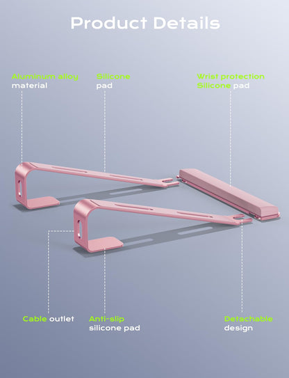 JCZT Aluminum Laptop Stand, Notebook Stand with Wrist Rest, Ergonomic Detachable Laptop Mount, Computer Stand Compatible with 10-17'' All Laptops Such as MacBook Air Pro/HP/Dell/Lenovo, Pink