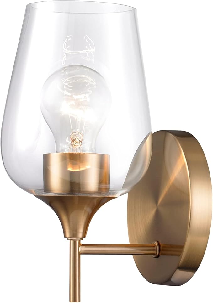 Hamilyeah Brass Wall Sconce Lighting Fixture, Gold Bathroom Lighting with Clear Champagne Glass Shade, Classy and Simple Wall Lights for Bedside, Theater, Dining Room,Rest Room