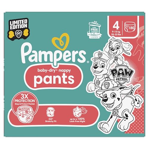 Pampers Baby-Dry Nappy Pants Paw Patrol Edition Size 4, 180 Nappies, 9kg-15kg, with Our 360° Pants Fit to Help Prevent Leaks