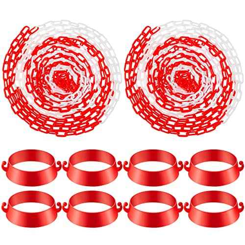 64 Feet Plastic Traffic Chain Cone Chain Safety Barriers Link with 12 Pieces Traffic Cones Connector Kits for Parking Barrier Poles Constructions Home Road Driveway Parking Use, Red White