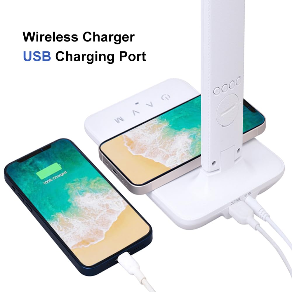 Multifunctional LED Desk Lamp with Wireless Charger,USB Charging Port,Clock,Phone Holder,Desk Lamps for Home Office,Eye-Caring Reading Lamp,Study Lamp for Boys,Girls,Teens,White