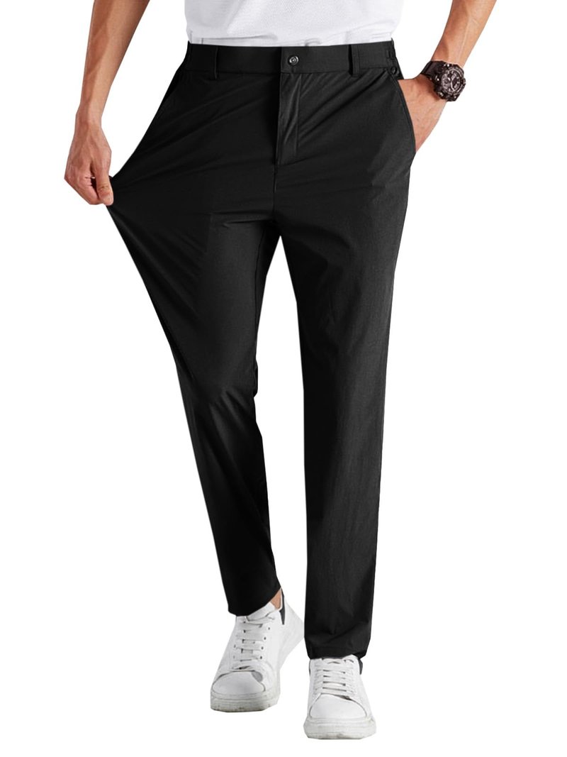 Runcati Mens Stretch Golf Pants Casual Slim Fit Dress Pants Elastic Waist Tapered Work Cropped Trousers Black