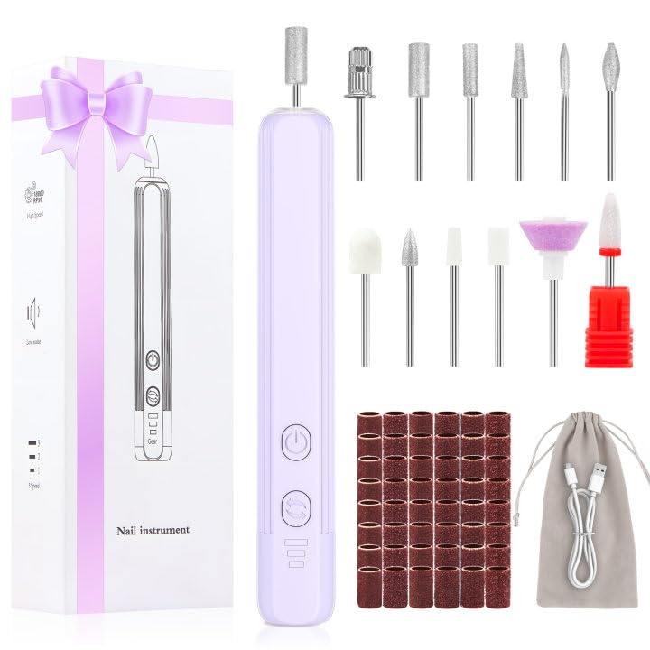 Professional Nail Drill Set, 2,0000 RPM Electric Nail File with 12 Grinding Head & 100Pcs Sanding Bands for Acrylic Gel Nails, Manicure and Polishing (Beige)