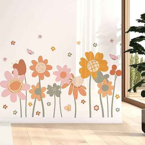 2 Sheets Removable Boho Flower Wall Decals DIY Large Colorful Flower Wall Decals Peel and Stick Watercolor Butterflies Art Decor for Girls Bedroom Bathroom Living Room Office Decoration