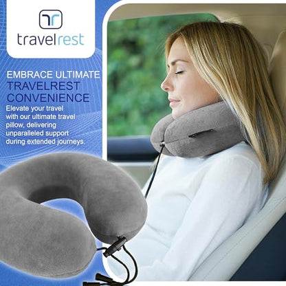 TRAVELREST Nest Neck Pillow Travel Essentials - Memory Foam Pillow and Patented Design, Support for Long Flights, Travel Accessories, Comfortable and Compact, Washable, Attaches to Luggage - Gray