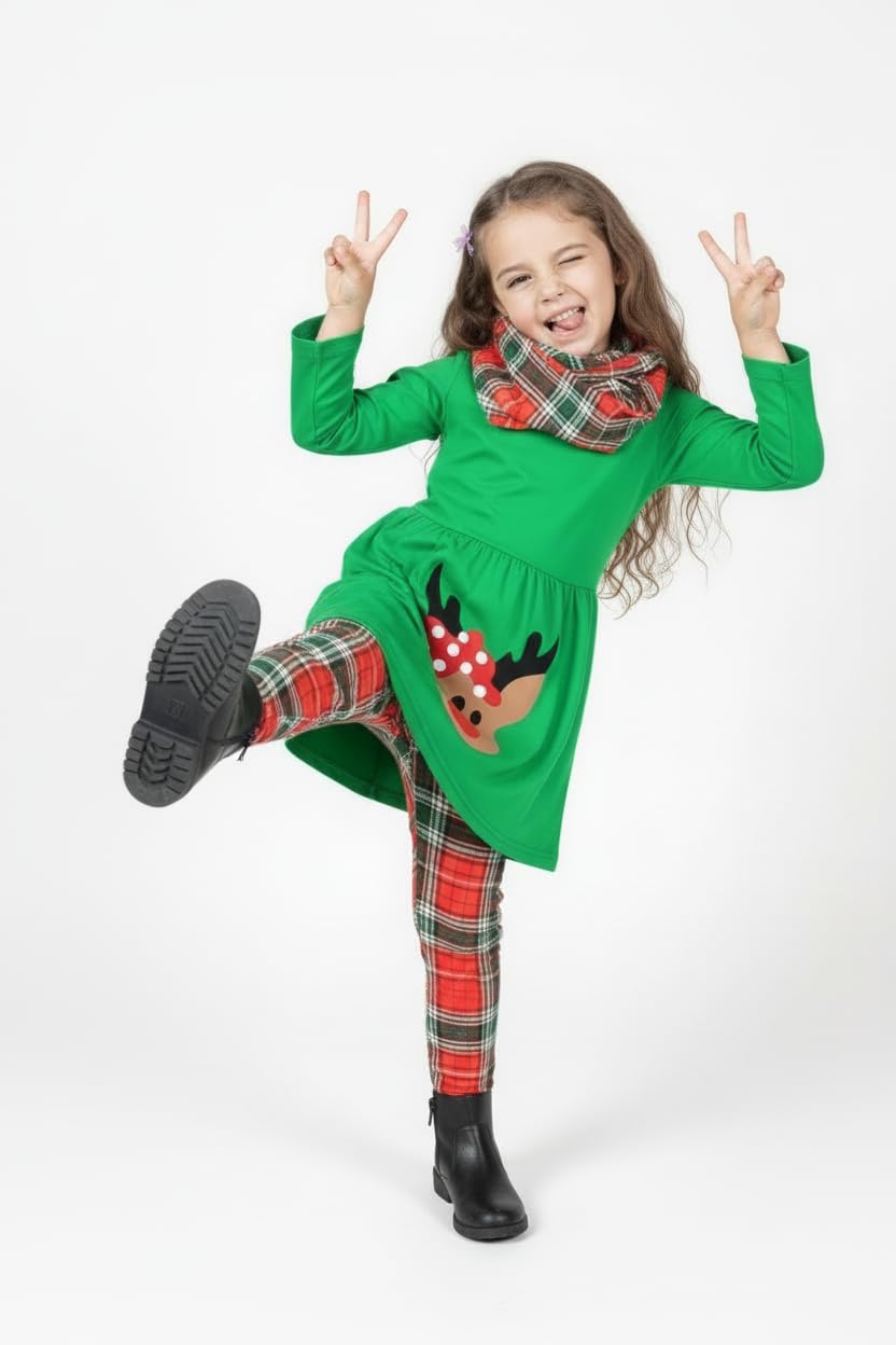 Unique Baby Girls 3 Piece Christmas Reindeer Legging Set Outfit (4 Years, Green)