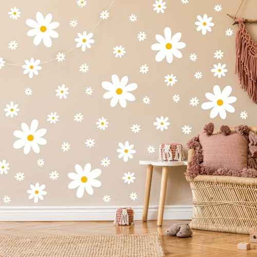 TaoBary 288-Piece Daisy Wall Decals - White Flower Wall Stickers, Peel & Stick Floral Wall Decor for Kids, Girls Nursery, Playroom, Bedroom & Living Room