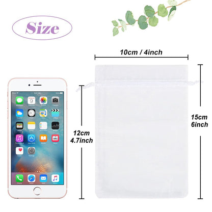 HRX Package 100pcs White Organza Bags, 4x6 inch Mesh Bags Drawstring Gift Bags Jewelry Pouches for Candy Wedding Favors Christmas