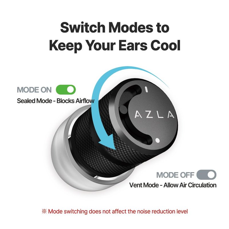 AZLA POM1000 II – Noise Cancelling Ear Plugs for Sleeping, Airplane Travel, Motorcycles, Shooting, Concerts – 35dB Hearing Protection, Adjustable Vent, Metal Case, 6 Ear Tips