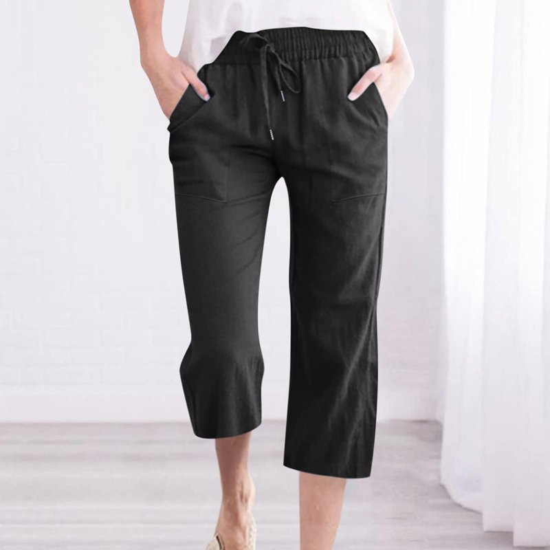 LRMQS Capsule Wardrobe for Women 2026 Linen Clothes Capris Pants for Women Cotton Linen Casual Summer 2025 Straight Wide Leg Loose Drawstring Elastic Waist Cropped Trouser