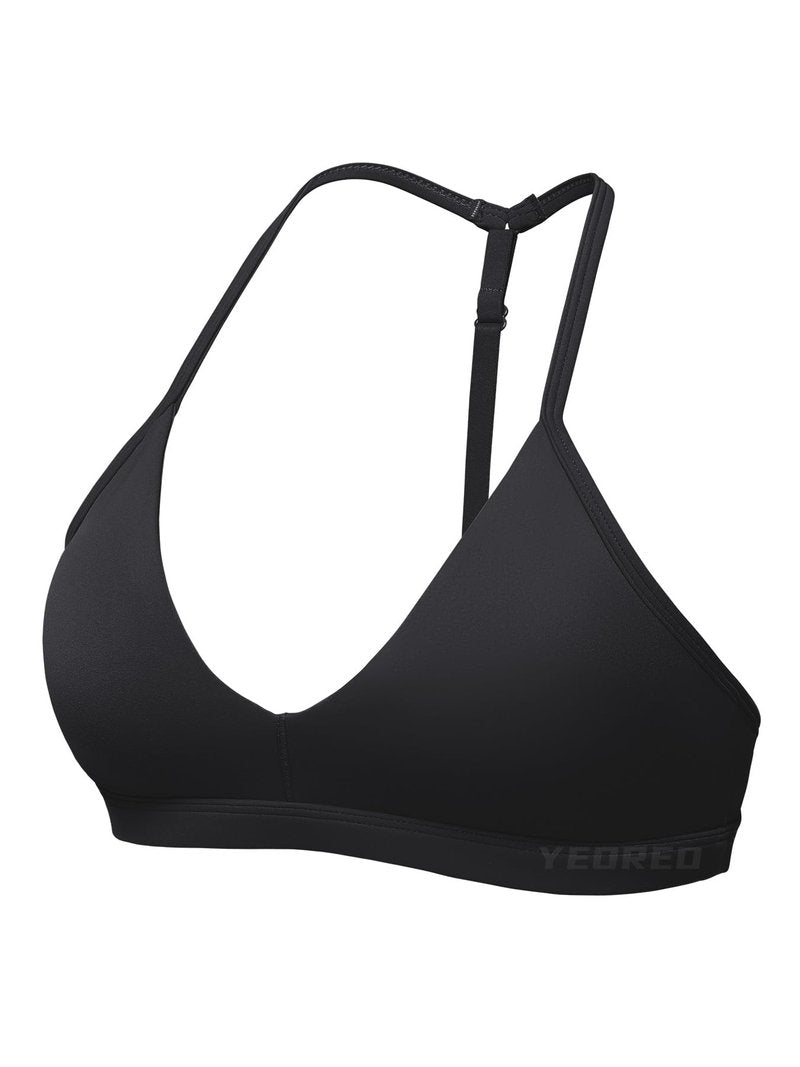 YEOREO CoreFlex Sports Bras for Women Strappy Padded Halter Open Back Light Impact Deep V Neck Yoga Workout Gym Tops Black M