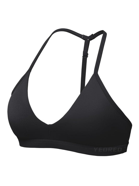 YEOREO CoreFlex Sports Bras for Women Strappy Padded Halter Open Back Light Impact Deep V Neck Yoga Workout Gym Tops Black M