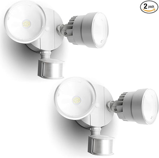 LUTEC P6221W-PIR24 2000 Lumen 18 Watt 26 LED Motion Activated Integrated Dual-Head Flood Light Outdoor, IP54 Waterproof Exterior Security Floodlight for Patio, Garden, Yard, Warehouse White，2 Pack